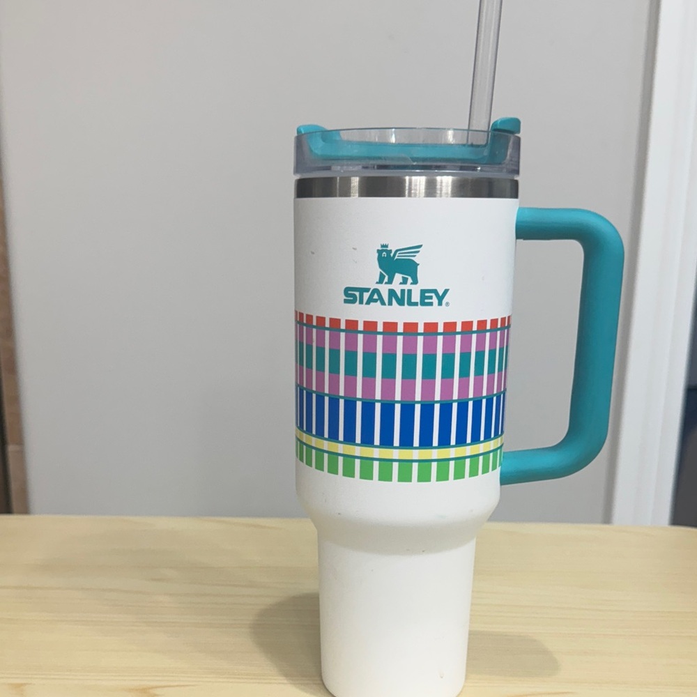 Stanley Tumbler with Teal Handle and Stripes